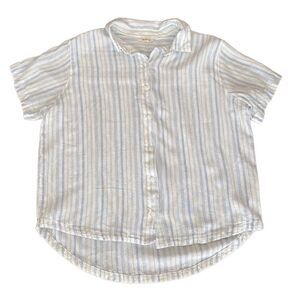 Ana Linen Blend Button Front Camp Shirt Short Sleeve Blue White Stripe Small